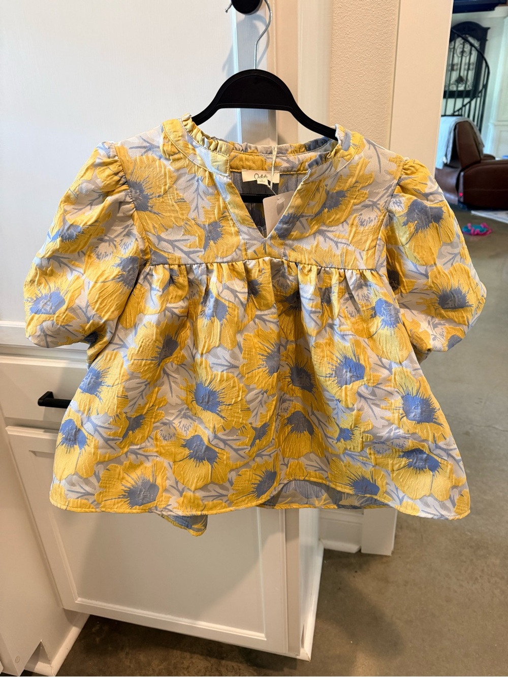 Ladies Floral Puff-Sleeve Blouse in Yellow and Light Blue